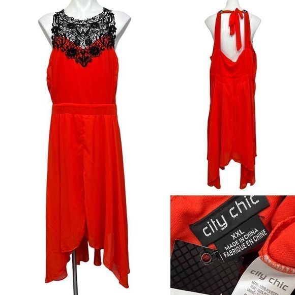 City Chic Dresses & Skirts - City Chic Womens Plus Size XXL/24 Dress Red/Orange Zip Black Lace Flowy